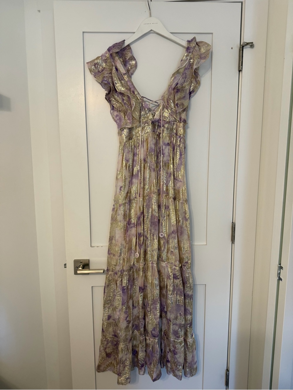 HEMANT & NANDITA Pastel Lavender and Gold Metallic Tiered Maxi Skirt - Picture 2 of 2